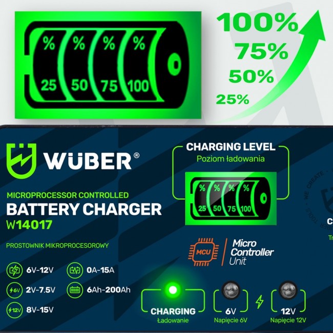 Microprocessor charger 6-12 V 15 A + battery charger W14017 WUBER