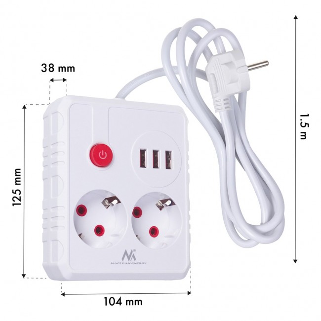Maclean power strip, extension cord 2 sockets + 3xUSB, 110-240V AC 50/60Hz, 2.1A max 2500W, 1.5m, white, MCE387 W Maclean power strip, extension cord 2 sockets + 3xUSB, 110-240V AC 50/60Hz, 2.1A max 2500W, 1.5m, white, MCE387 W