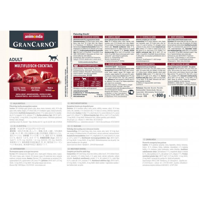 animonda GranCarno multi meat cocktail Beef, Chicken, Game, Heart, Turkey Adult 800 g