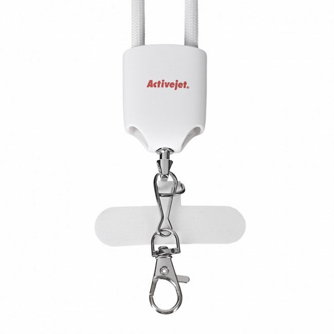Activejet lanyard with 3-in-1 charging cable, white. Ends with various connectors: USB-C, Lightning adapter, USB-A