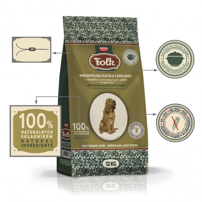 FOLK Medium and large breeds Traditional Greater Poland duck with rabbit, apples and marjoram - dry dog food - 12kg FOLK Medium and large breeds Traditional Greater Poland duck with rabbit, apples and marjoram - dry dog food - 12kg