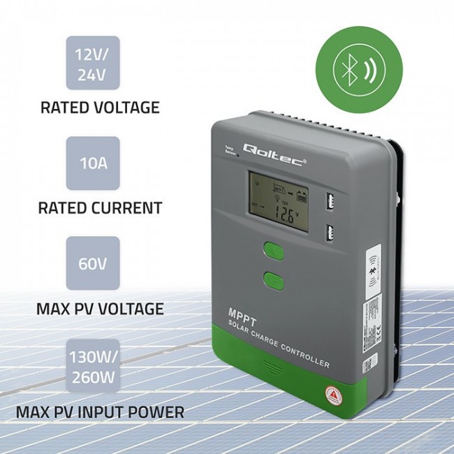 Qoltec Solarny regulator adowania MPPT z czujnikiem temperatury 10A |12V / 24V | LCD | 2 x USB | Bluetooth | APP | GEL | LiFePO4