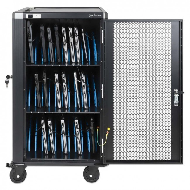 Manhattan Laptop Charging Cart/Trolley via AC Adapter (EU) 30-bay, Install device's AC Adapter (power cables) into unit, Suitable for ALL laptops (to 16
