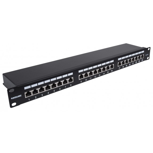 Intellinet Patch Panel, Cat6a, FTP, 24-Port, 1U, Shielded, 90 Top-Entry Punch Down Blocks, Black