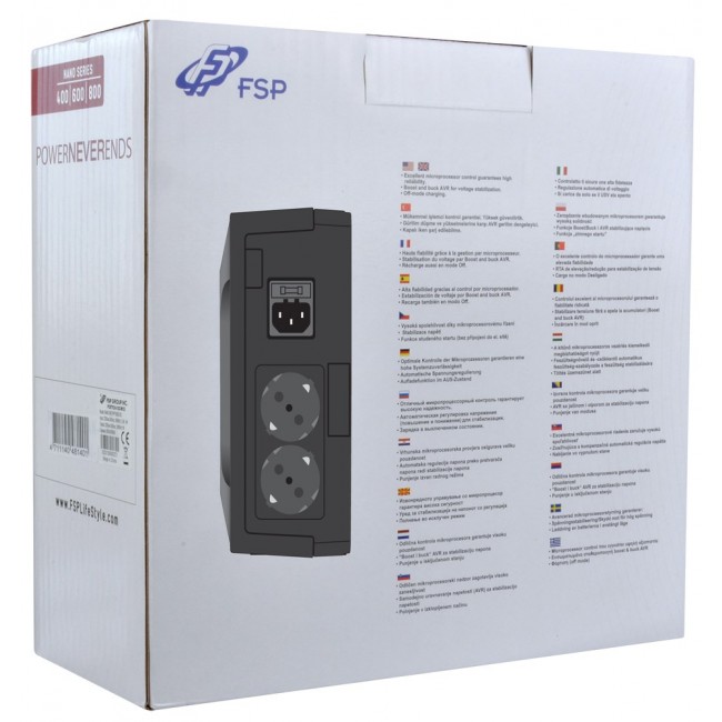 FSP Nano 800 uninterruptible power supply (UPS) Standby (Offline) 0.8 kVA 480 W 2 AC outlet(s) FSP Nano 800 uninterruptible power supply (UPS) Standby (Offline) 0.8 kVA 480 W 2 AC outlet(s)
