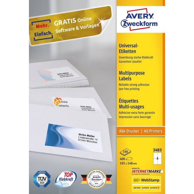 Avery 3483 self-adhesive label Rectangle Permanent White 400 pc(s)