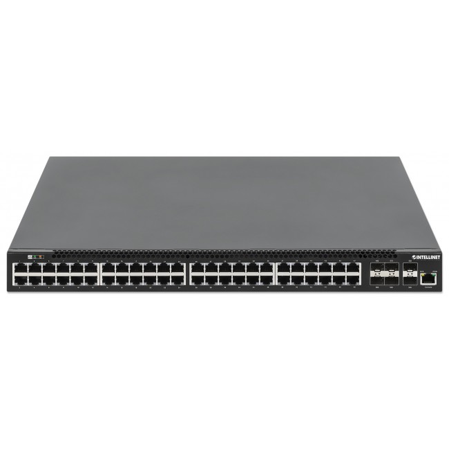 Intellinet 54-Port L3 Fully Managed PoE+ Switch with 48 Gigabit Ethernet Ports and 6 SFP+ Uplinks Intellinet 54-Port L3 Fully Managed PoE+ Switch with 48 Gigabit Ethernet Ports and 6 SFP+ Uplinks
