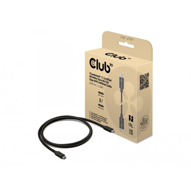 CLUB3D Thunderbolt 5 Certified 8K240Hz Data 80/120 Gbps EPR 240 Watt Cable M/M 1m / 3.28ft