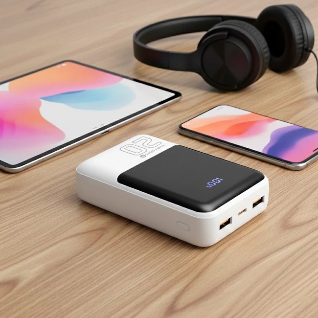 Powerbank 20 000mAh, 2x USB, 1x USB-C 22,5W, QC4+, LCD screen, white
