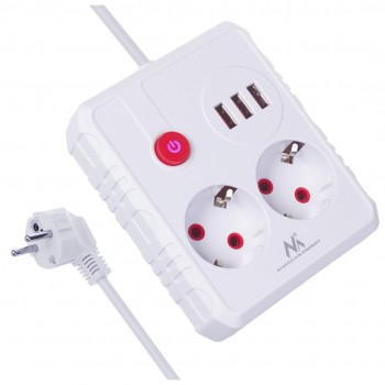Maclean power strip, extension cord 2 sockets + 3xUSB, 110-240V AC 50/60Hz, 2.1A max 2500W, 1.5m, white, MCE387 W