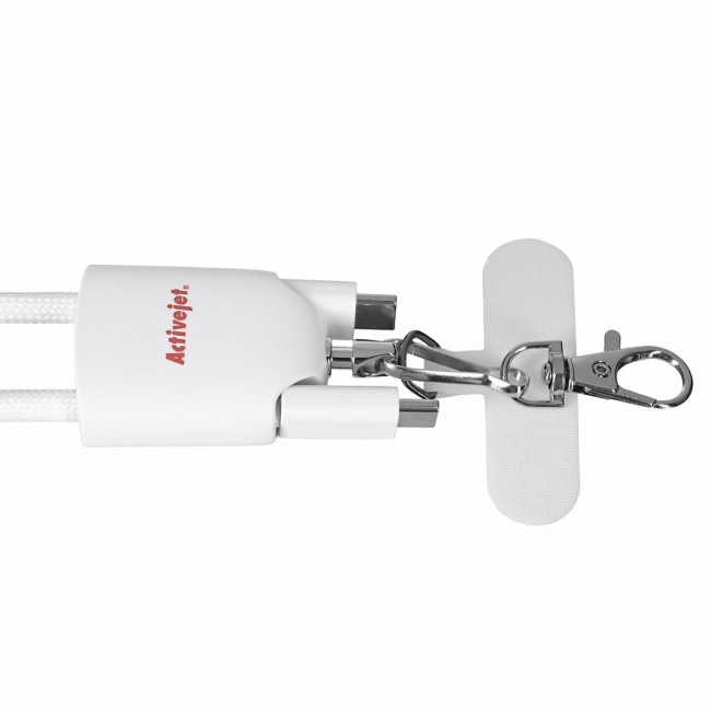 Activejet lanyard with 3-in-1 charging cable, white. Ends with various connectors: USB-C, Lightning adapter, USB-A