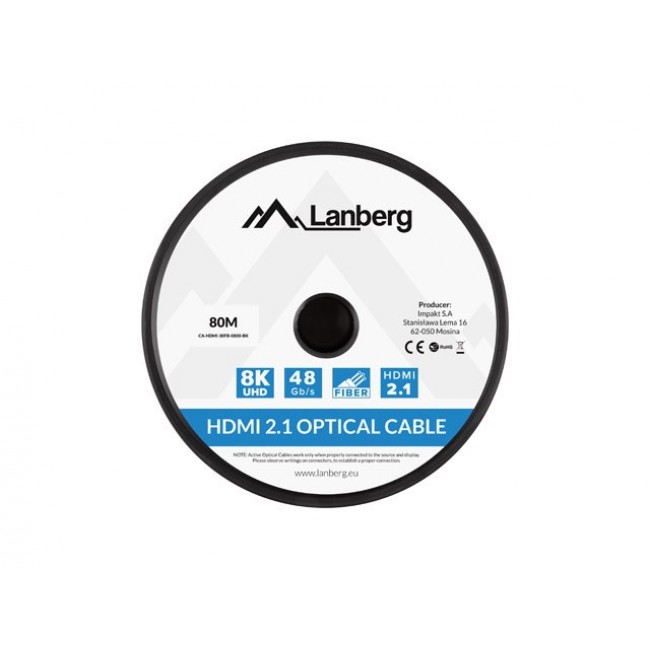 HDMI CABLE M/M V2.1 80M 8K BLACK OPTICAL AOC LANBERG HDMI CABLE M/M V2.1 80M 8K BLACK OPTICAL AOC LANBERG