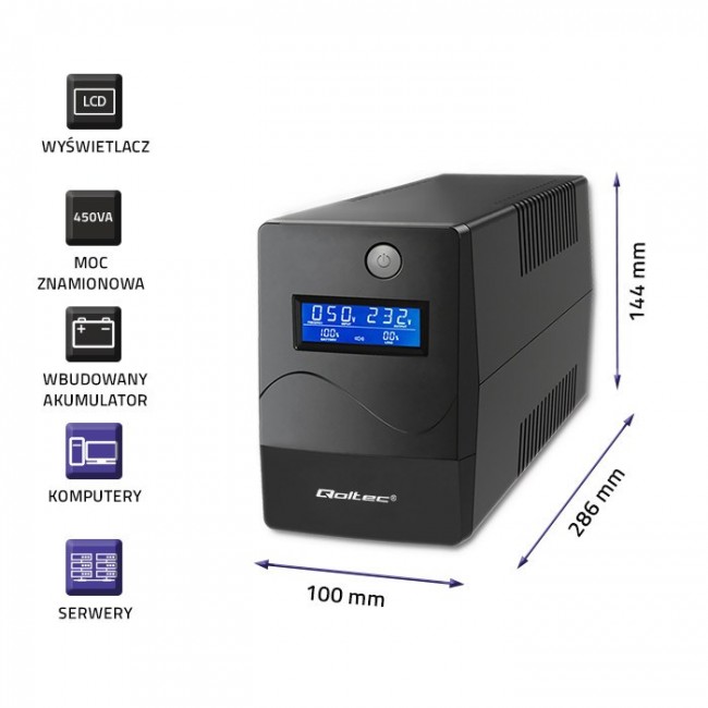 Qoltec 53977 Uninterruptible Power Supply | Monolith | 450VA | 240W | LCD | USB | RJ45