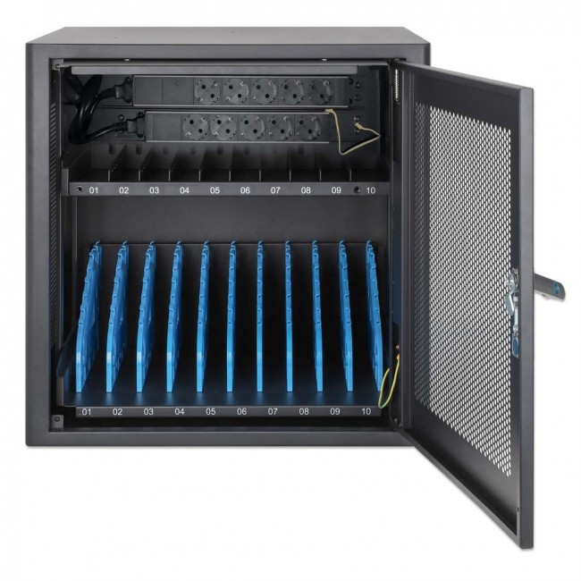 Manhattan Laptop Charging Cabinet Desktop via AC Adapter (EU) 10-bay, Install device's AC Adapter (power cables) into unit, Suitable for ALL laptops (to 16