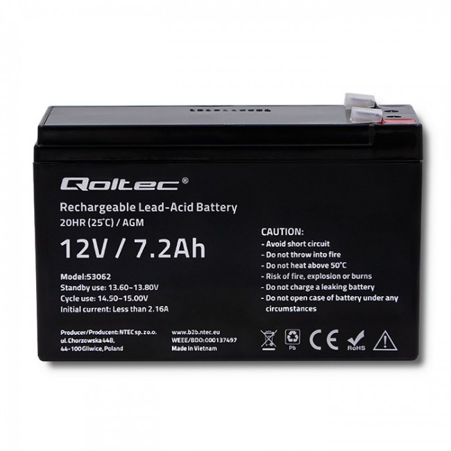 Qoltec 53062 AGM battery | 12V | 7.2 Ah | max 108A