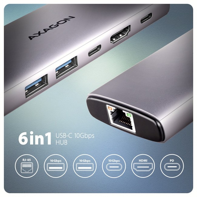 Axagon HMC-6G2L laptop dock/port replicator Wired USB 3.2 Gen 2 (3.1 Gen 2) Type-C Aluminium Axagon HMC-6G2L laptop dock/port replicator Wired USB 3.2 Gen 2 (3.1 Gen 2) Type-C Aluminium