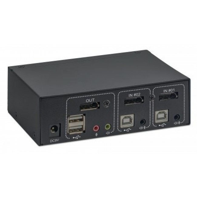 Manhattan DisplayPort 1.2 KVM Switch 2-Port, 4K@60Hz, USB-A/3.5mm Audio/Mic Connections, Cables included, Audio Support, Control 2x computers from one pc/mouse/screen, USB Powered, Black, Three Year Warranty
