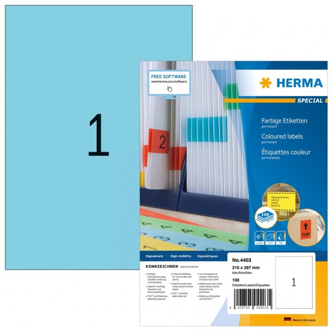 HERMA Coloured Labels A4 210x297 mm blue paper matt 100 pcs. HERMA Coloured Labels A4 210x297 mm blue paper matt 100 pcs.