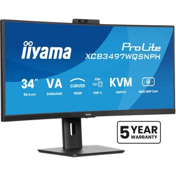 iiyama ProLite 34 VA UWQHD curved monitor with a built-in Windows Hello camera and microphone, USB-C Dock, LAN, KVM-Switch and 15cm height adjustable stand