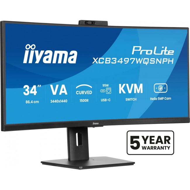 iiyama ProLite 34 VA UWQHD curved monitor with a built-in Windows Hello camera and microphone, USB-C Dock, LAN, KVM-Switch and 15cm height adjustable stand