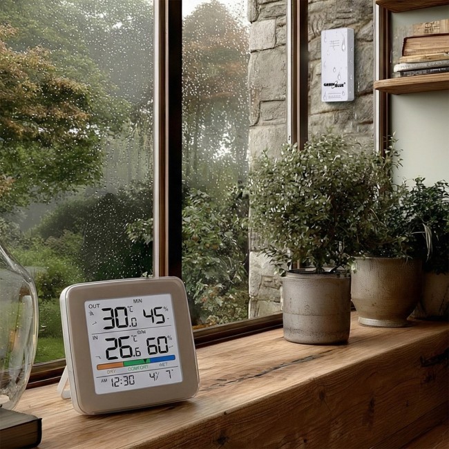 GreenBlue wireless weather station, temperature + humidity IN/OUT, clock + alarm + date, C / F selectable, range up to 60m, GB169