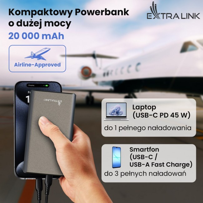 Extralink Powerbank EPB-126 20000mAh Silver Power bank, 45W PD, USB-C