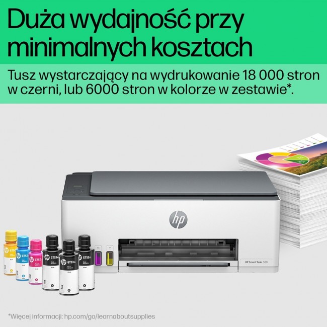 HP Smart Tank 580 All-in-One Printer, Home and home office, Print, copy, scan, Wireless High-volume printer tank Print from phone or tablet Scan to PDF