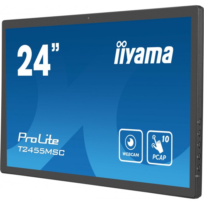 iiyama 24 multi-touch monitor with edge-to-edge glass, anti fingerprint coating , integrated webcam and a flexible stand