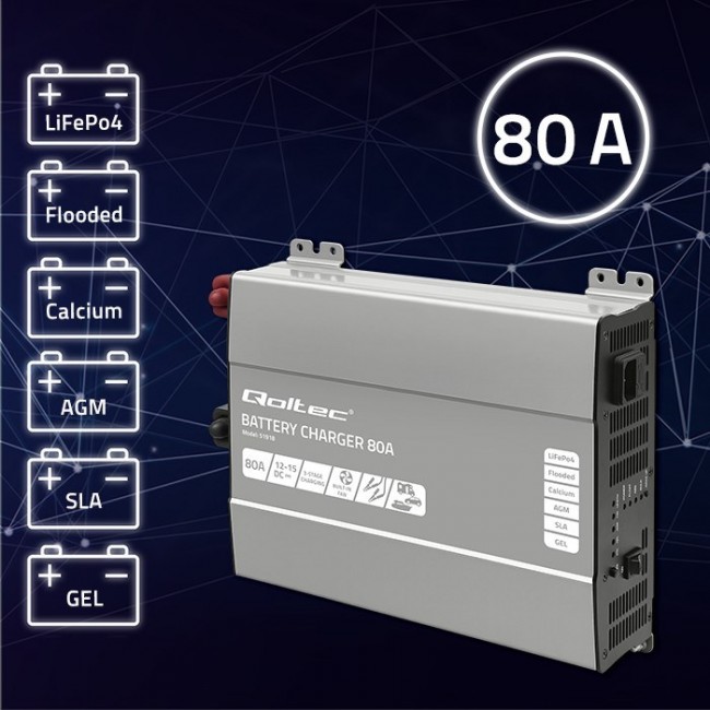 Qoltec Smart Professional Monolith Battery Charger for LiFePO4 AGM GEL SLA batteries | 80A | 12V | Fast charging