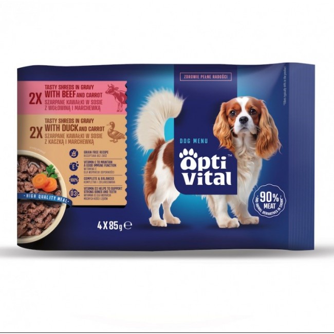 OPTIVITAL Tasty shreds with beef and duck in gravy - wet dog food - 4x85g OPTIVITAL Tasty shreds with beef and duck in gravy - wet dog food - 4x85g