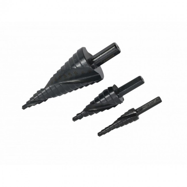 AW STEP TWIST DRILL BIT SET. 3pcs/ 4-12 4-20 4-39mm/ AICrN/ BLACK/ PLASTIC CASE.