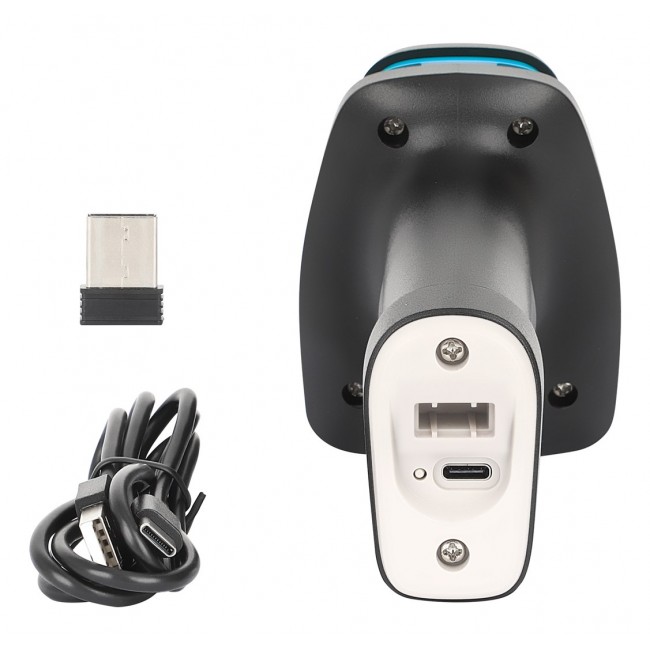 Manhattan Wireless 2D Handheld Barcode Scanner, 250mm Scan Depth, up to 80m effective range (line of sight), Max Ambient Light 100,000 lux (sunlight), Black, Charging cable (USB-A to USB-C into device) 1m included, Three Year Warranty
