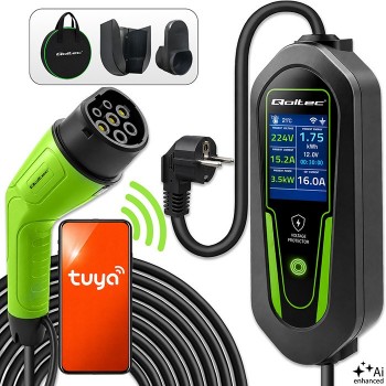 Qoltec adowarka do samochodu elektrycznego EV i hybryd z regulacją 2w1 Typ2 | 3.5kW | 230V | SCHUKO 16A | Wi-Fi | Tuya | Smart life | LCD | Certyfikat T V | 5m