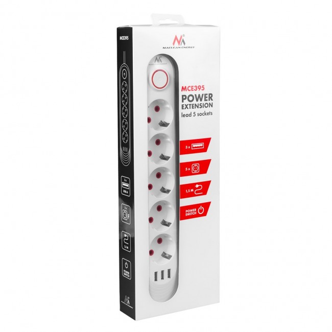 Maclean power strip, 5 socket extension + 3xUSB, 110-240V AC 50/60Hz, 2.1A max 2500W, 1.5m, white, MCE395 W Maclean power strip, 5 socket extension + 3xUSB, 110-240V AC 50/60Hz, 2.1A max 2500W, 1.5m, white, MCE395 W