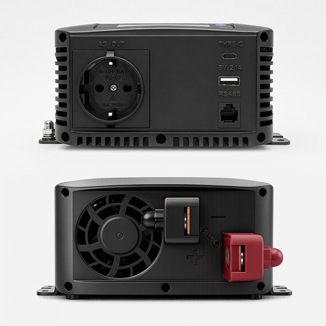 Qoltec Przetwornica napięcia Pure Sine Wave | 12V na 230V | 300/600W | LCD | USB | USB-C | Kompatybilna z LiFePO4 GEL AGM