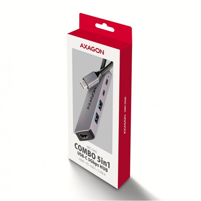 Axagon HMC-5H60 USB 5Gbps hub, 2x USB-A, 1x USB-C, HDMI 4k/60Hz, PD 100W, USB-C cable