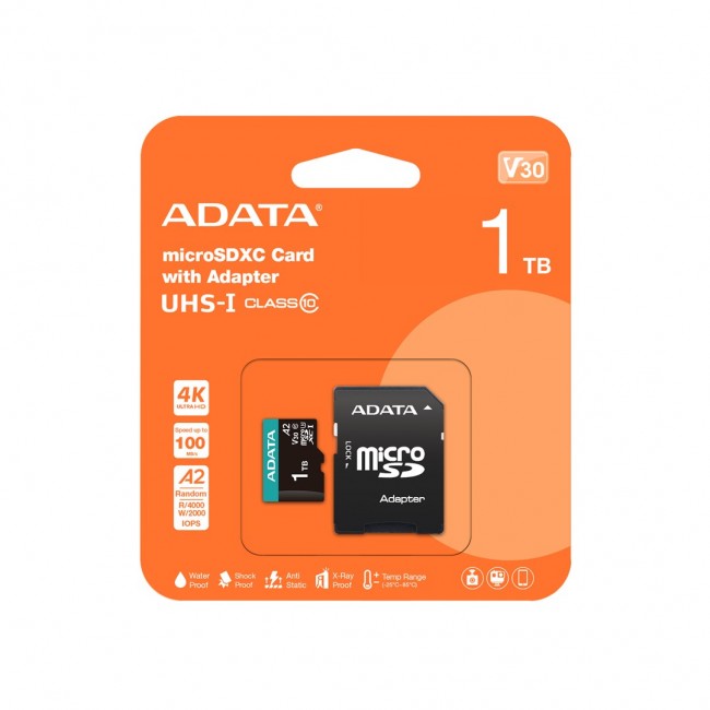 ADATA AUSDX1TUI3V30SA2-RA1 memory card 1 TB MicroSDXC UHS-I Class 10 ADATA AUSDX1TUI3V30SA2-RA1 memory card 1 TB MicroSDXC UHS-I Class 10
