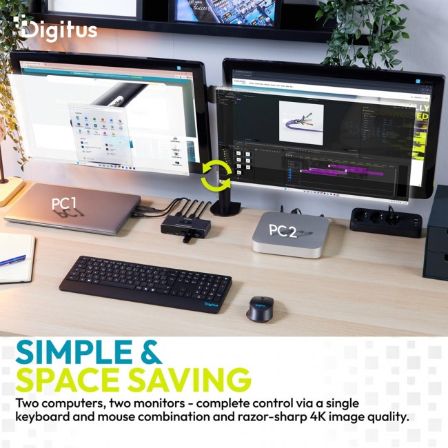 Digitus USB-C 3.0 Dual HDMI KVM Switch, 2-port, 4K60Hz, Core Line