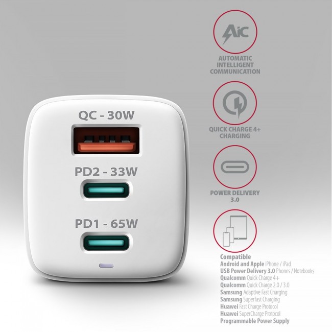Axagon ACU-DPQ65W PD3.0 & QC4+ 3x OUTPUTS wall charger 65W