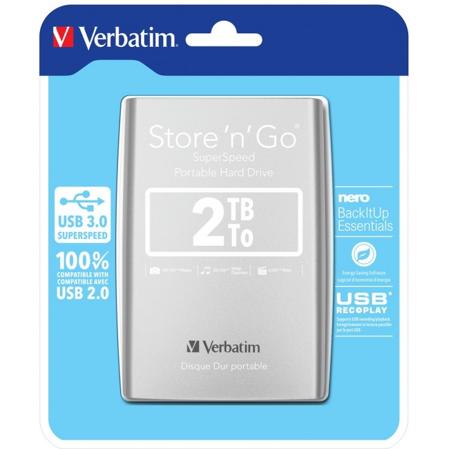 Verbatim Store 'n' Go USB 3.0 Portable Hard Drive 2TB Silver Verbatim Store 'n' Go USB 3.0 Portable Hard Drive 2TB Silver