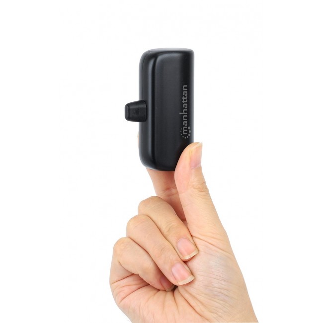 Manhattan Power Bank with integrated USB-C plug, 5000 mAh, Up to 20W output, Kickstand for Use as Charging Phone Holder, Black, One Year Warranty