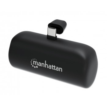 Manhattan Power Bank with integrated USB-C plug, 5000 mAh, Up to 20W output, Kickstand for Use as Charging Phone Holder, Black, One Year Warranty
