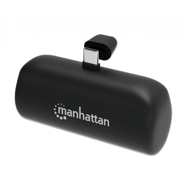 Manhattan Power Bank with integrated USB-C plug, 5000 mAh, Up to 20W output, Kickstand for Use as Charging Phone Holder, Black, One Year Warranty