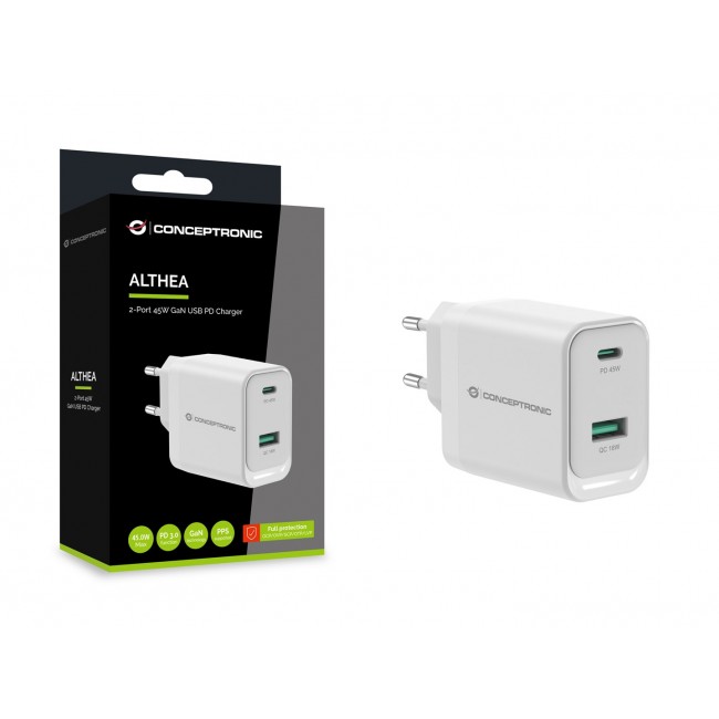 Conceptronic ALTHEA20W45 2-Port 45W GaN USB PD Charger, USB-C x 1, USB-A x 1, QC 3.0, PPS, PD 3.0