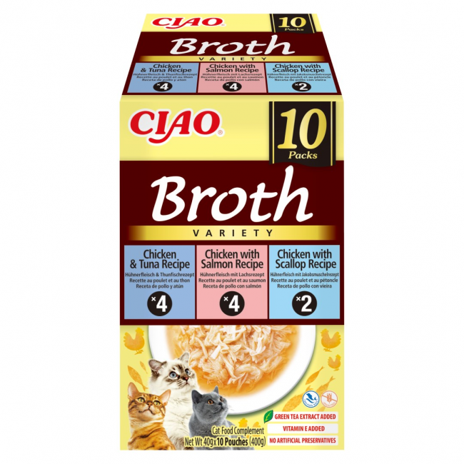 INABA Ciao Broth with chicken, salmon, tuna and scallop - cat treats - 10x40g INABA Ciao Broth with chicken, salmon, tuna and scallop - cat treats - 10x40g