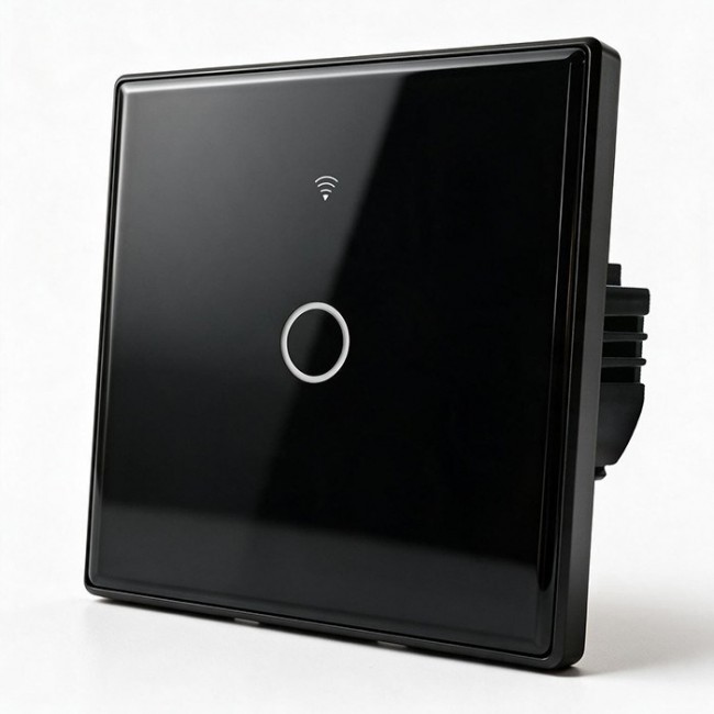 Qoltec 52711 Smart Touch 1-Gang Light Switch | Wi-Fi | Timer | Tuya | Smart Life | Tempered Glass | Black