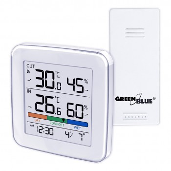GreenBlue wireless weather station, temperature + humidity IN/OUT, clock + alarm + date, C / F selectable, range up to 60m, GB169 GreenBlue wireless weather station, temperature + humidity IN/OUT, clock + alarm + date, C / F selectable, range up to 60m, GB169