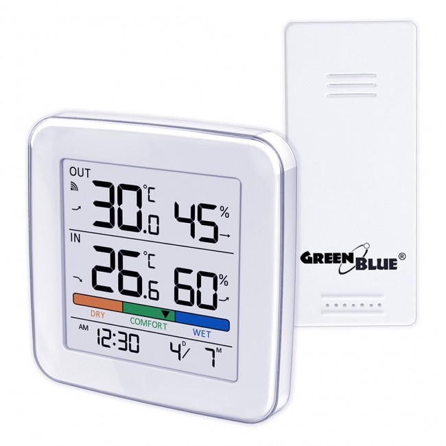 GreenBlue wireless weather station, temperature + humidity IN/OUT, clock + alarm + date, C / F selectable, range up to 60m, GB169