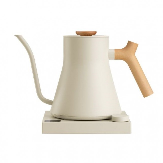 Fellow Stagg EKG PRO 900ml electric kettle in sesame beige with a wooden handle