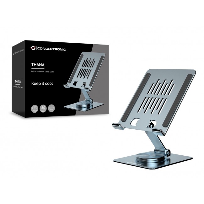 Conceptronic THANA09G Foldable Swivel Tablet Stand, 360 Rotating Base, Adjustable Height